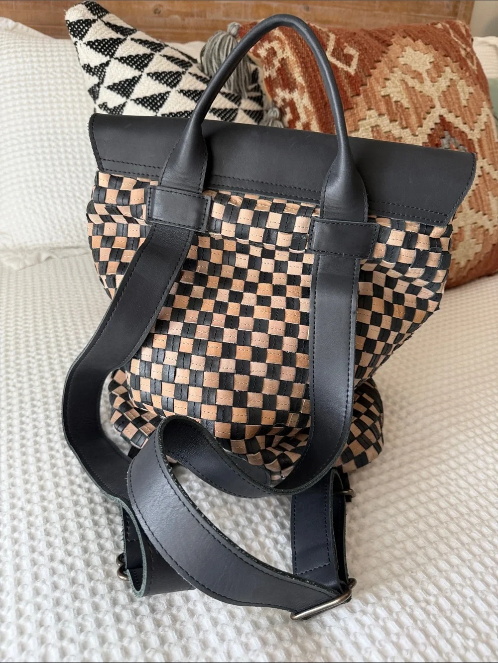 Able Black and Beige Woven Leather Backpack